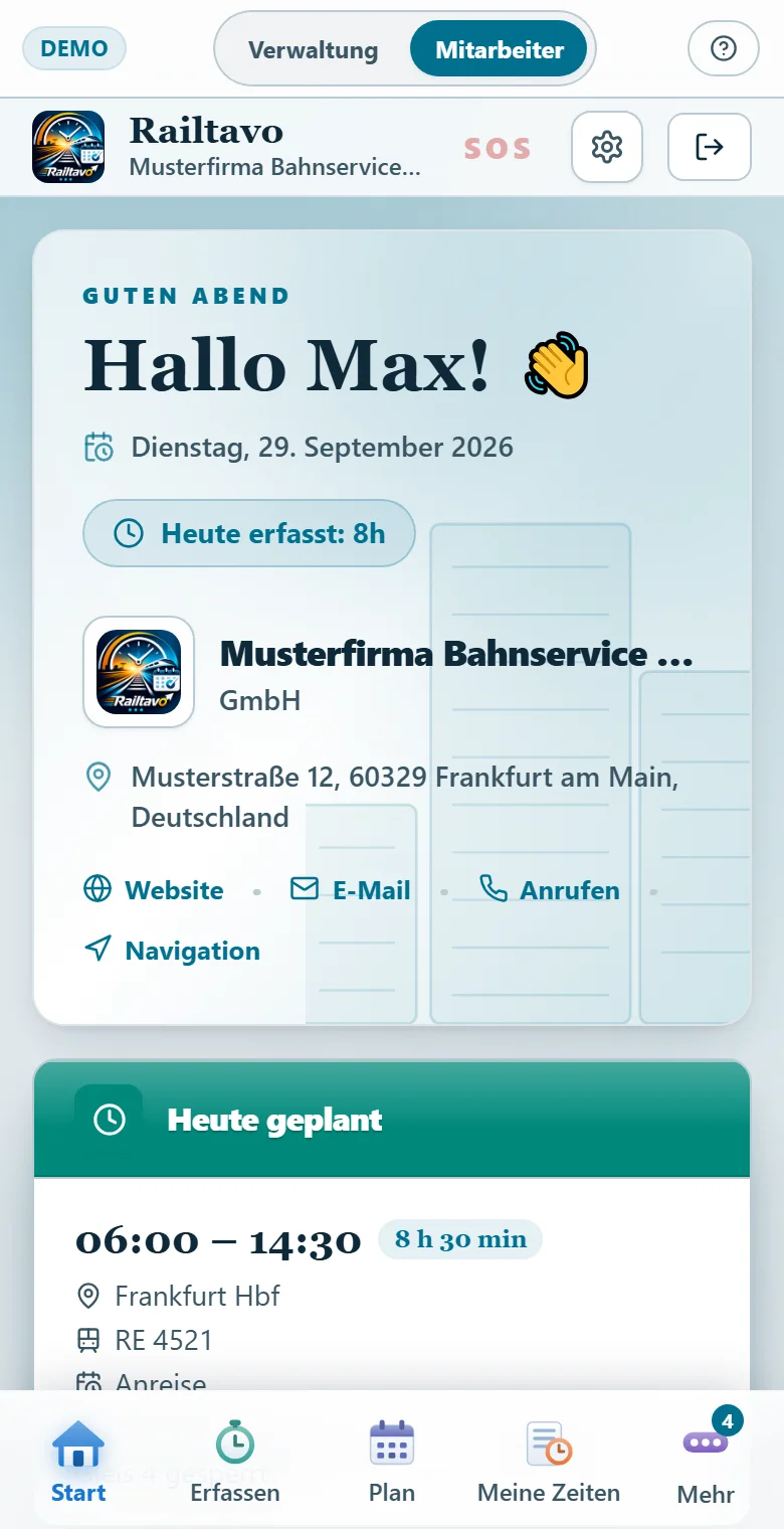 Railtavo-Demo als App auf dem Handy (Beispieldaten)